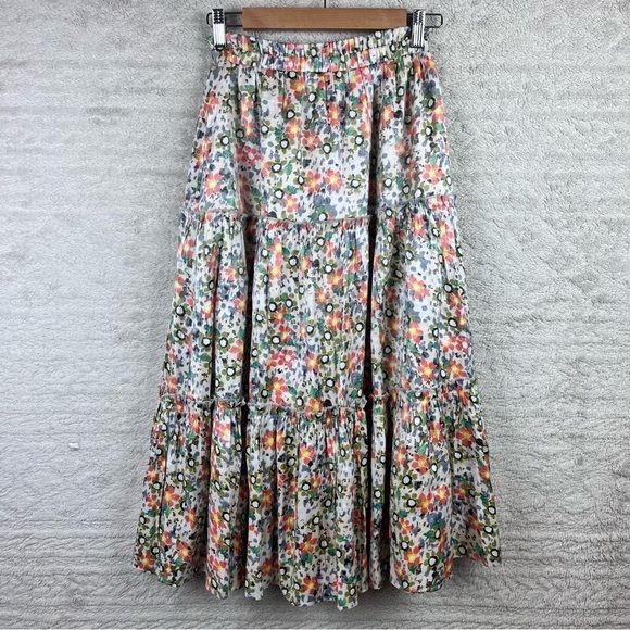MOODIE Cottagecore Floral Maxi Skirt Tiered Boho Elastic Waist Peasant Country - Picture 1 of 10